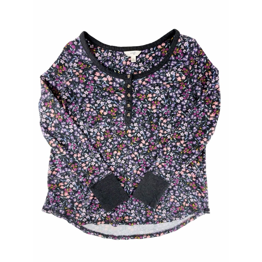 Terra & Sky Women's 0X Floral Waffle Knit Henley Long Sleeve Top Cottagecore